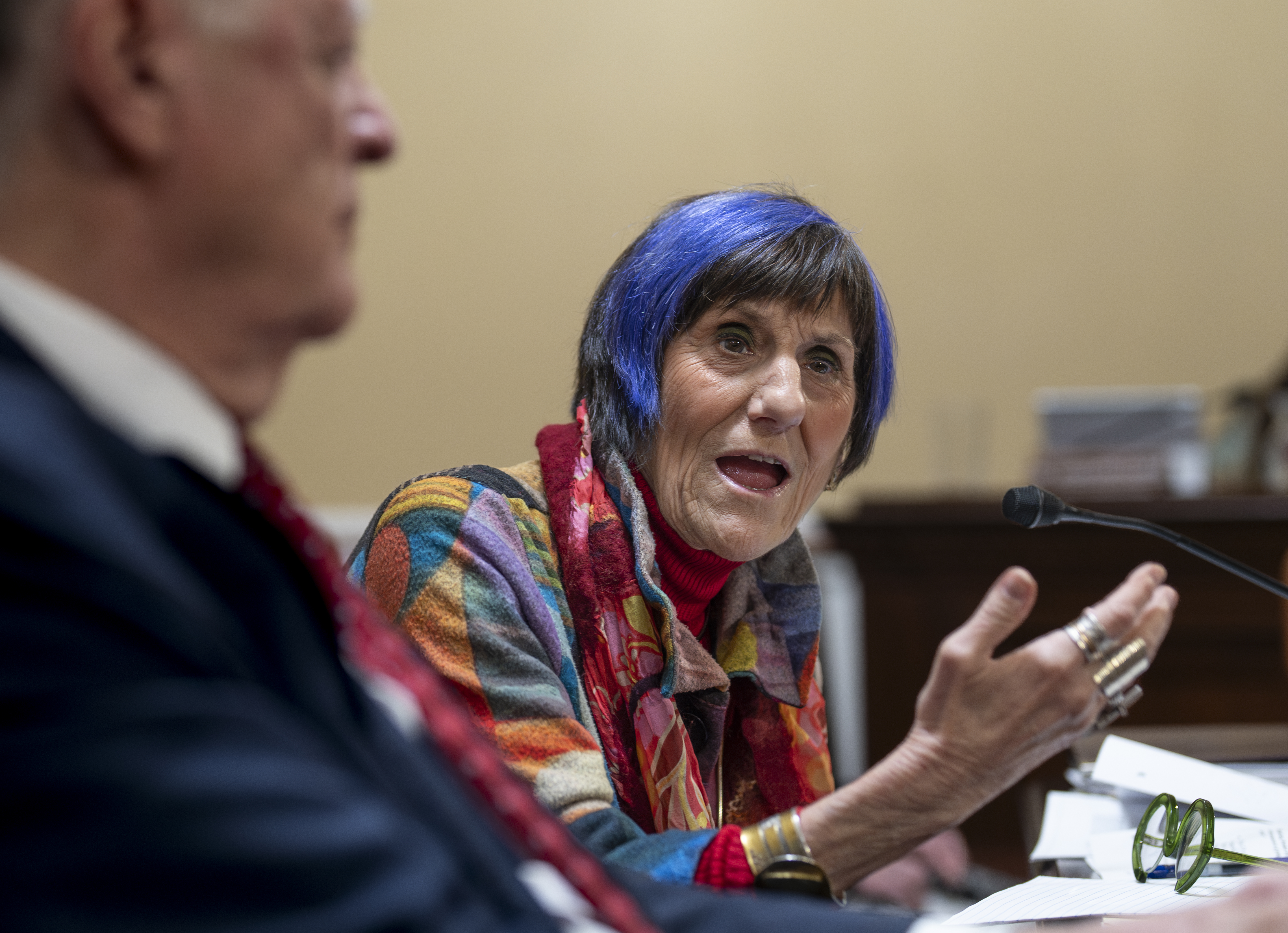 Rep. Rosa DeLauro, D-Conn., the ranking member of the House Appropriations Committee, joined at left by Appropriations Chairman Tom Cole, R-Okla., answers a question from a Republican member of the House Rules Committee as they prepare a spending bill that would keep federal agencies funded through Sept. 30, at the Capitol, in Washington, Monday, March 10, 2025. (AP Photo/J. Scott Applewhite)