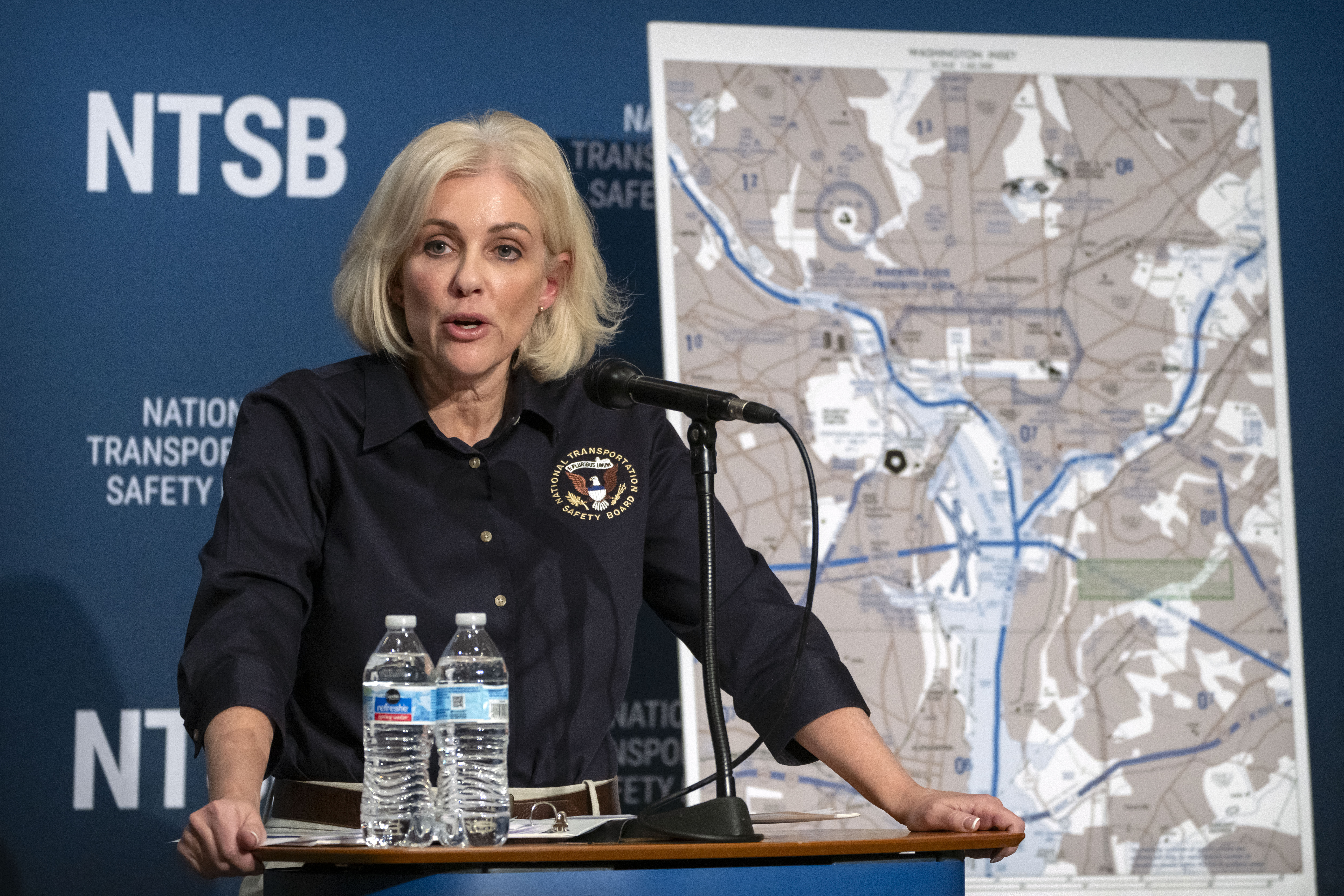 National Transportation Safety Board Chair Jennifer Homendy speaks during a news conference at NTSB headquarters Friday, Feb. 14, 2025, in Washington. (AP Photo/Mark Schiefelbein)